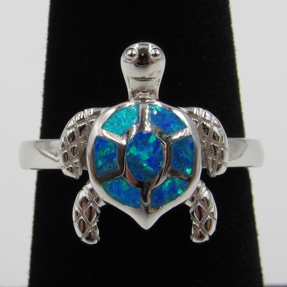 Jewelry - Sterling Silver Blue Opal Cute Turtle Band Ring